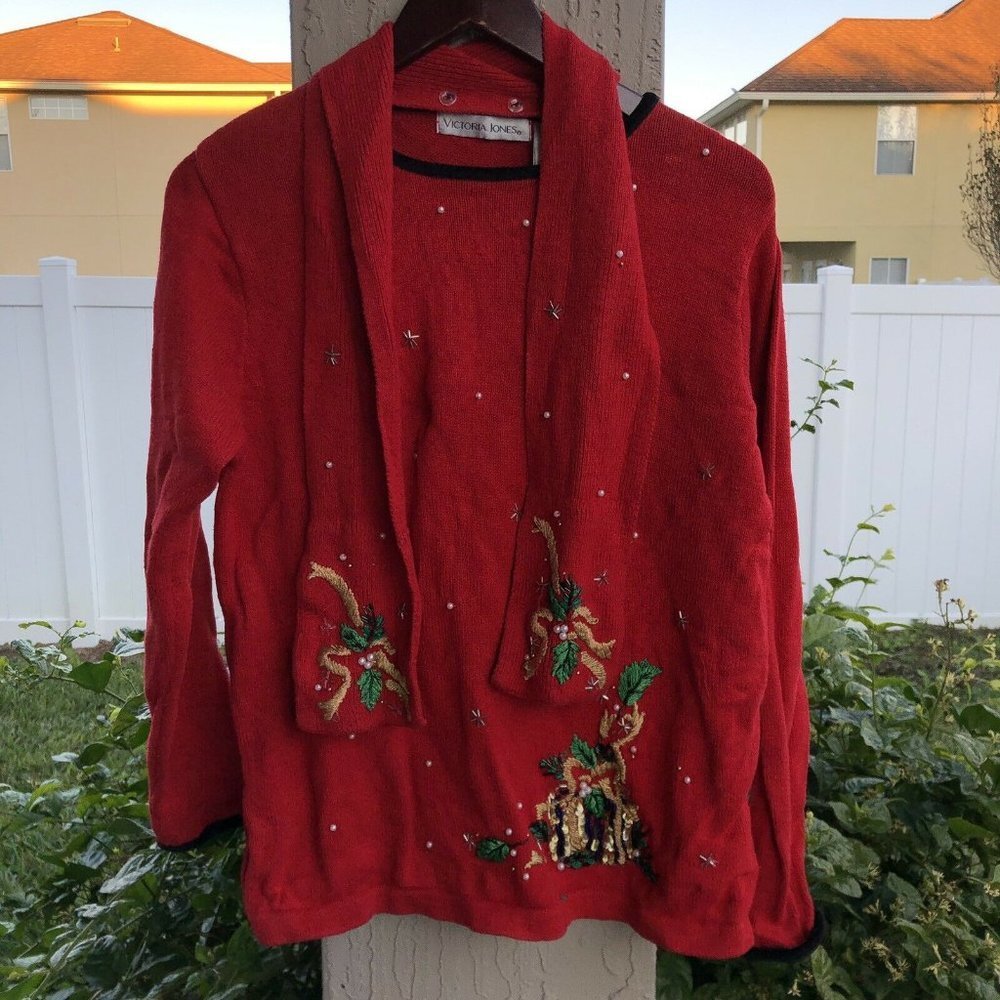 Victoria Jones Christmas Sweater Sequin Beaded Red